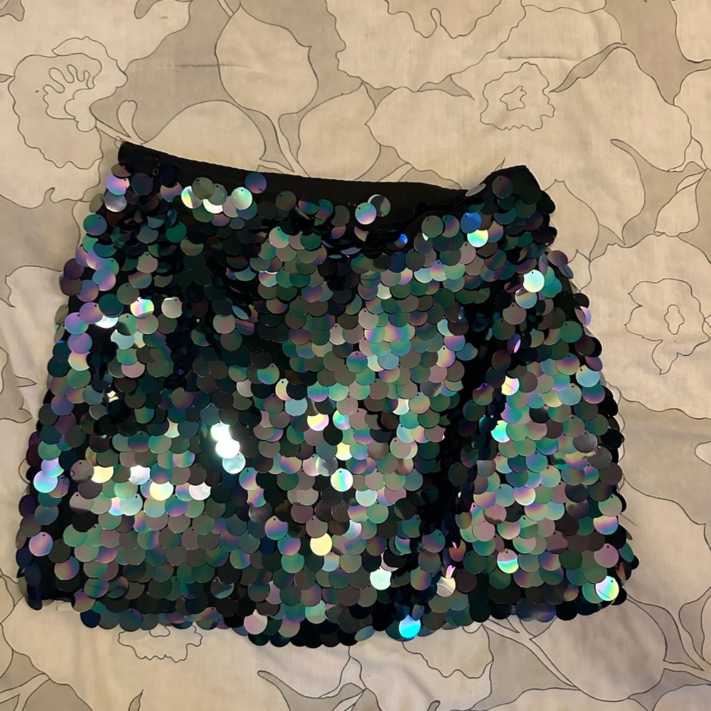 Le Lis Sequin Bubble Mini Skirt Green Blue Cocktail